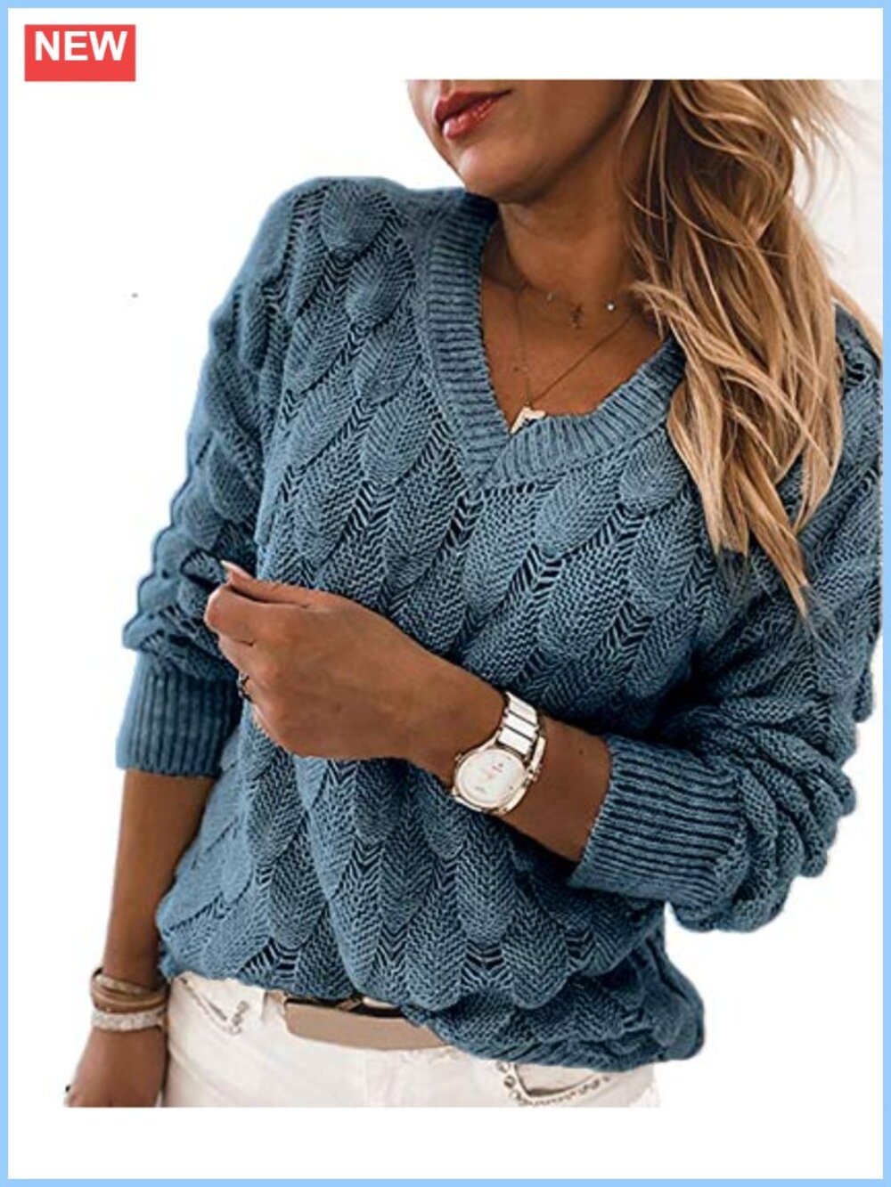Women's V Neck Long Sleeve Pullover Sweater Lightweight Hollow Knit Loose Fit